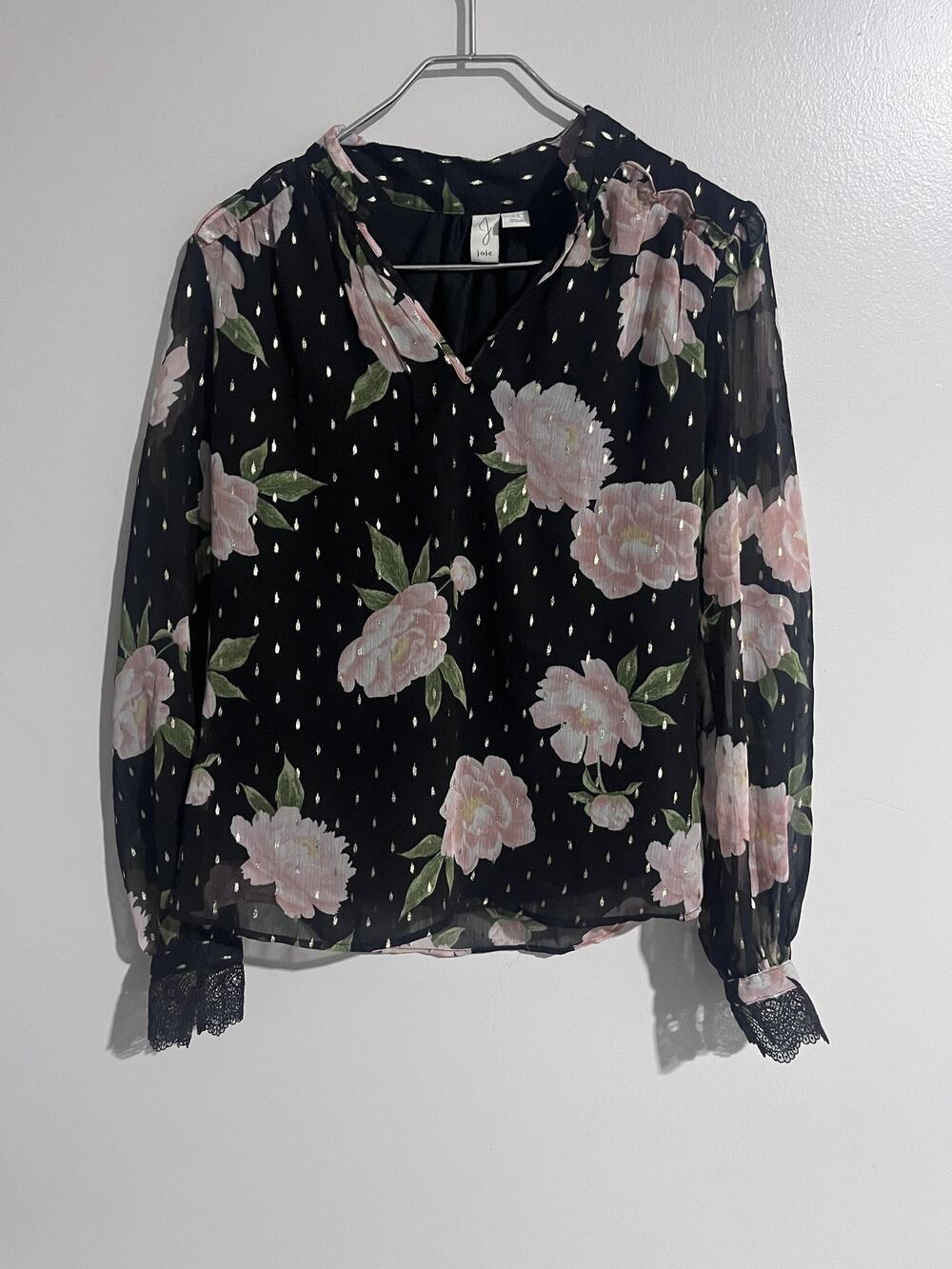 Joie Blouse Womens XS Black Tunic Balloon Sleeve V-Neck Floral Glitter